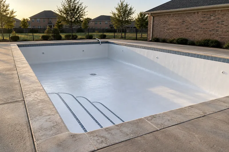Drained community pool with a new white finish beside a brick clubhouse