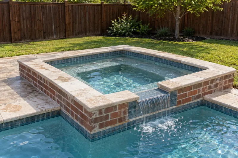Raised brick spa added beside a backyard pool, spilling into it