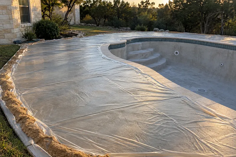 Fresh cool deck curing under clear plastic weighted with sand