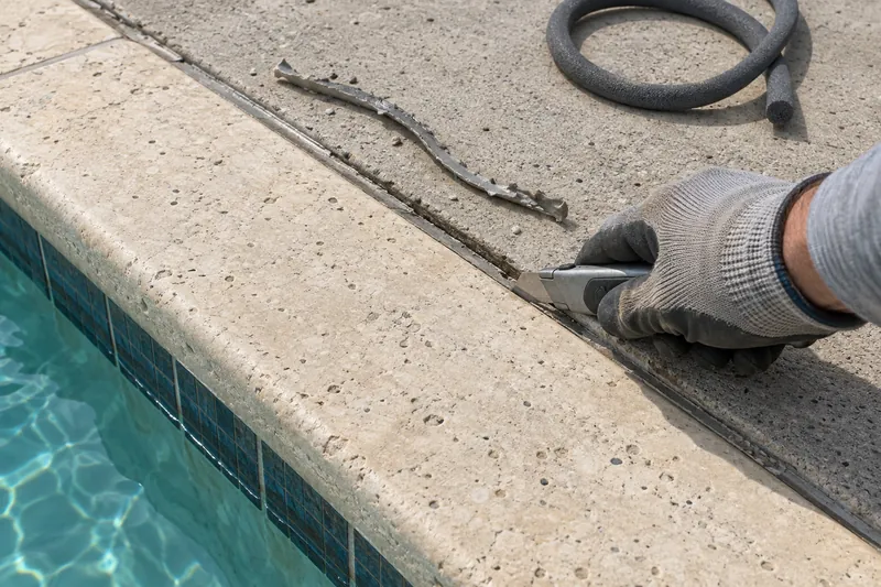 Old mastic being cut out of the joint between pool coping and deck