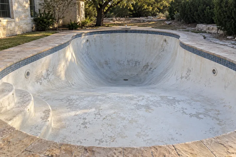 Steep deep end of a drained older diving pool, its board removed