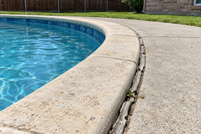 Cracked old mastic pulling away at the joint between pool coping and deck