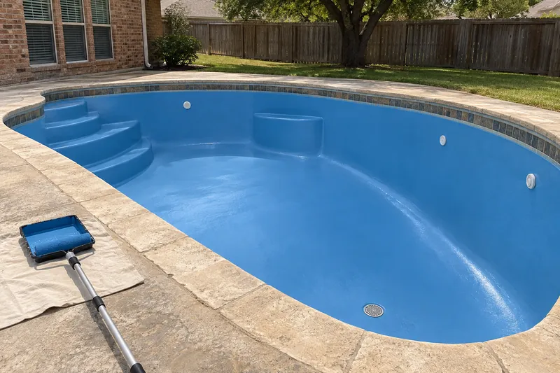 Drained pool freshly painted glossy blue and drying in the sun