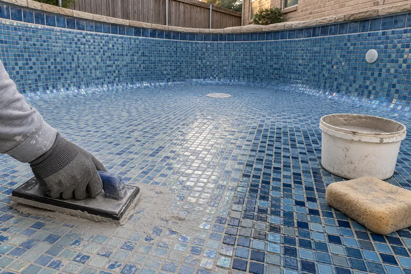 Grout worked into glass mosaic tile on a drained pool floor