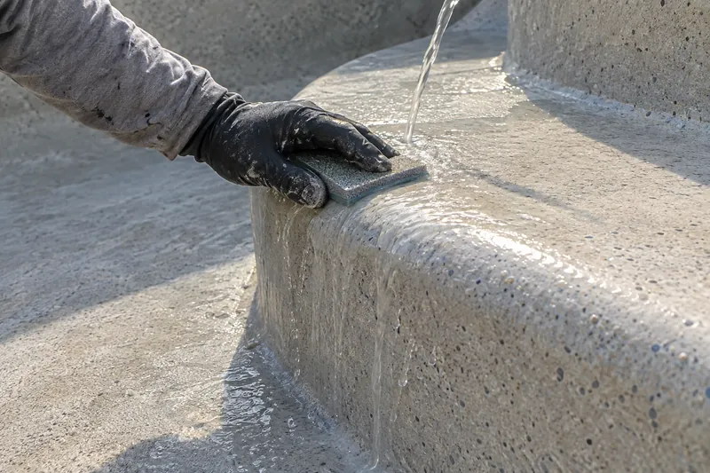 Hand polishing a pool step edge with a diamond pad