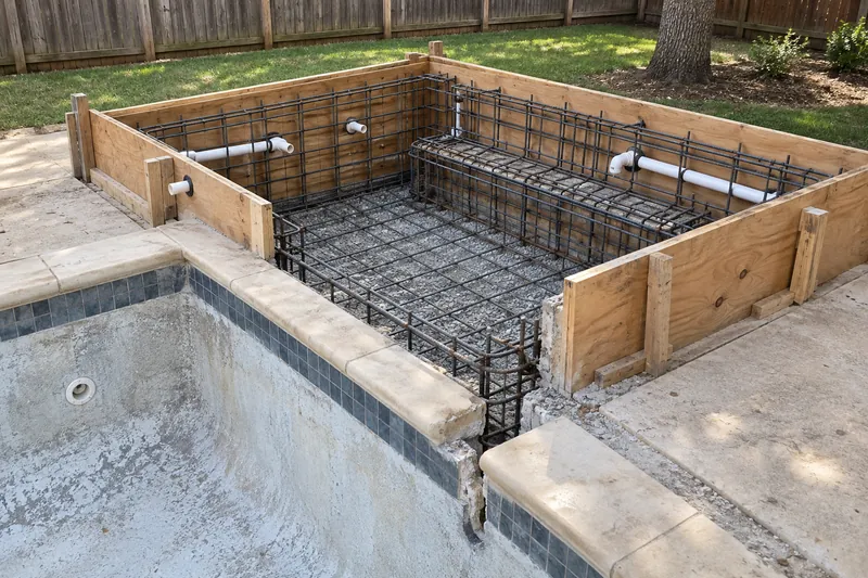 Rebar, forms and pipe stubs for a new spa at a pool corner