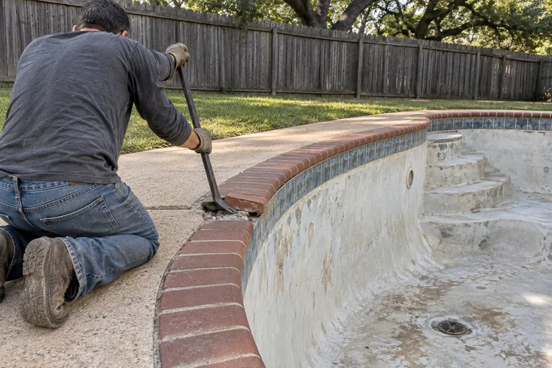 Old pool coping being pried off the bond beam for a remodel