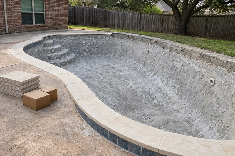 Pool mid-remodel with new coping and waterline tile above bare gunite