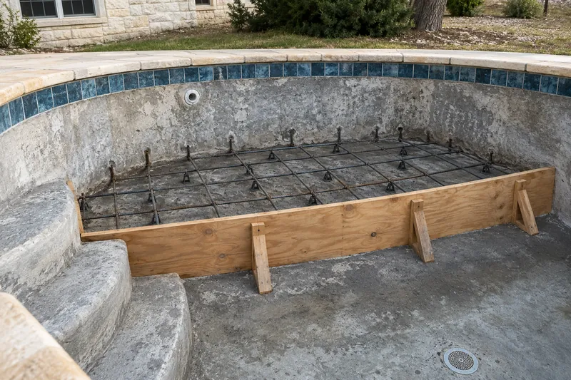 Rebar doweled into an old pool floor for a new tanning ledge