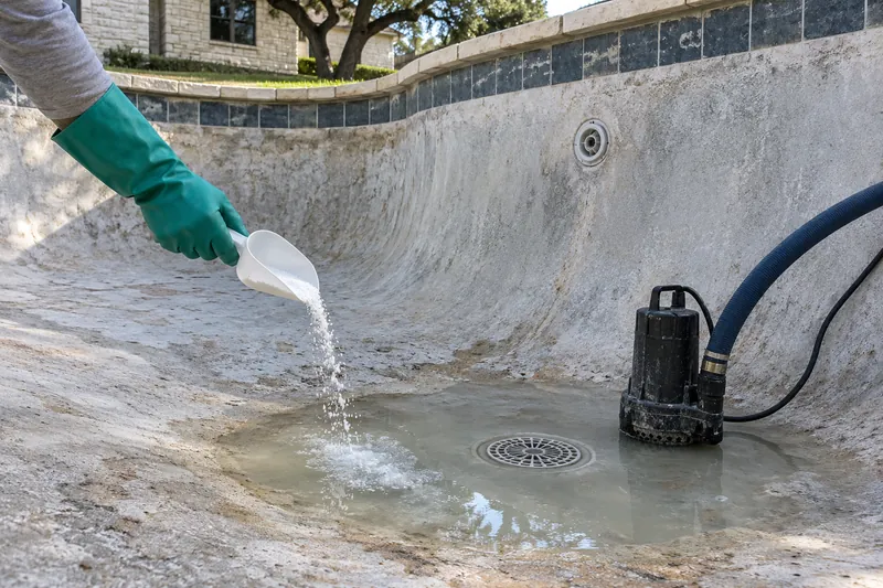 Soda ash added to acid wash water at the deep end of a pool