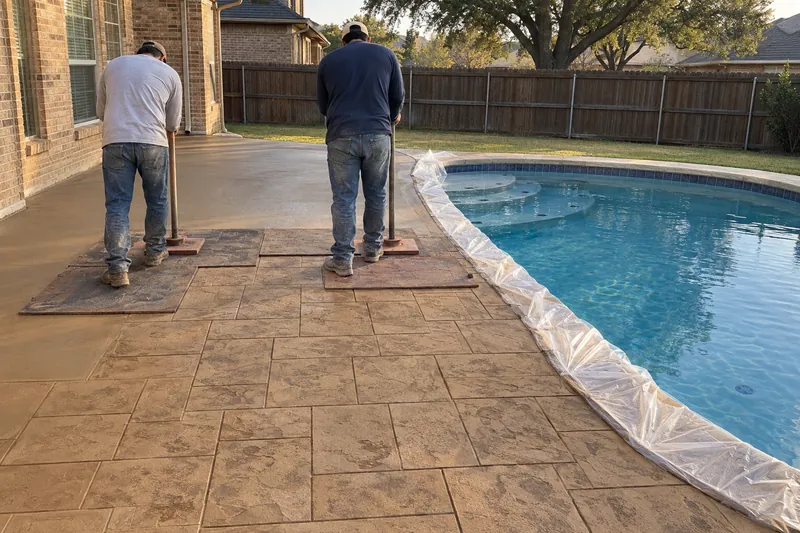 Stamp mats tamped into fresh colored concrete beside a pool