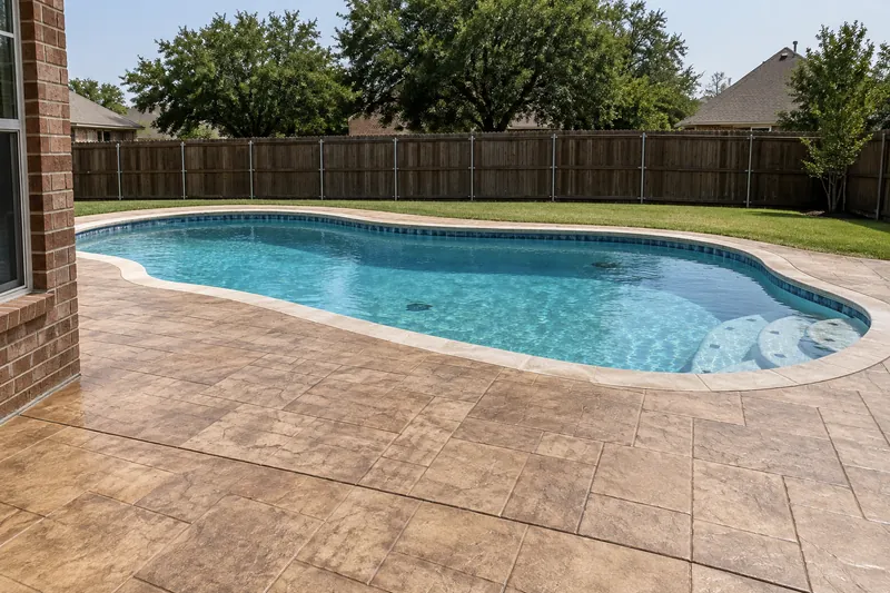 Tan stamped concrete pool deck in a stone pattern beside a pool