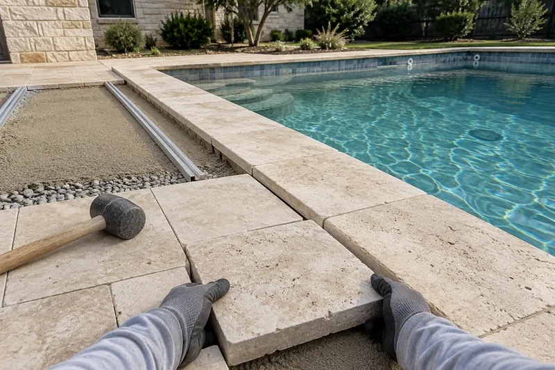 Travertine pavers laid on screeded bedding sand beside a pool