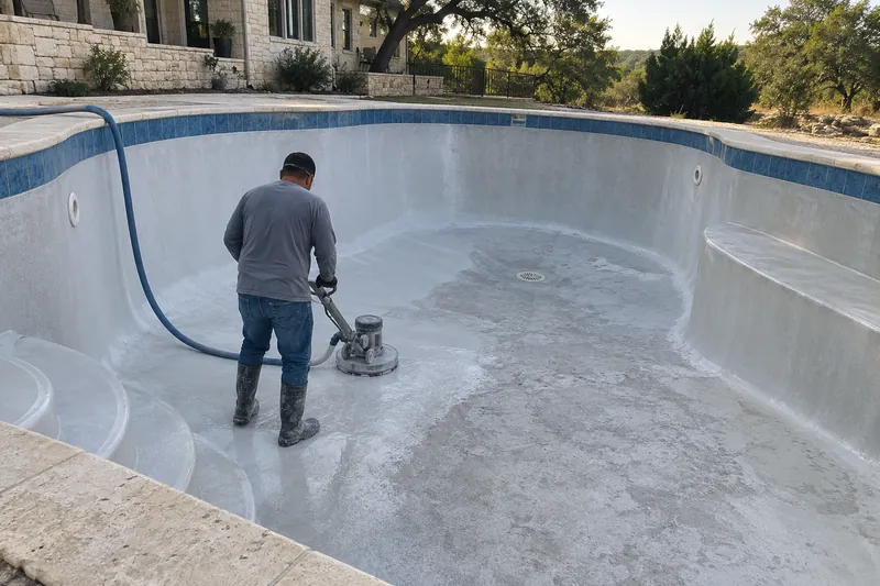 Water-driven polisher working a marble finish in a drained pool